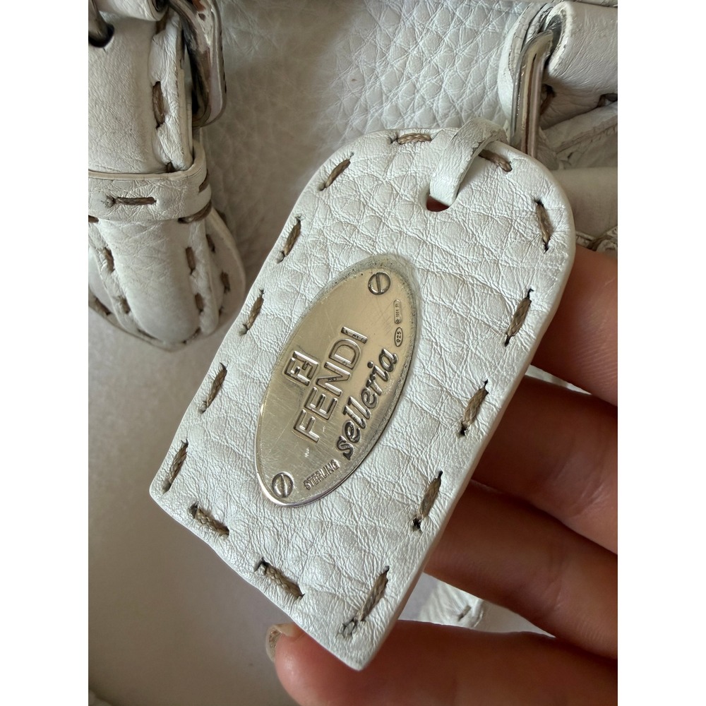 Fendi Selleria White Pebbled Leather Mini Handbag Sterling Silver Plaque Handbag - Picture 4 of 10